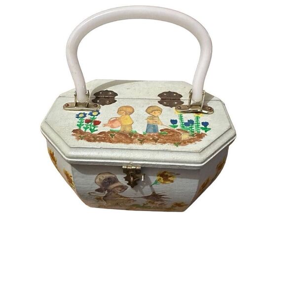 Vintage Hand painted Wood Rectangular Decoupage Handbag Purse Children Floral - Picture 5 of 16